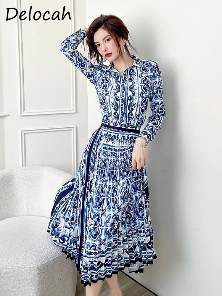 Delocah High Quality Autumn Women Fashion Designer Skirts Sets Loose Shirts + Pleated Skirts Blue And White Porcelain Skirt Suit