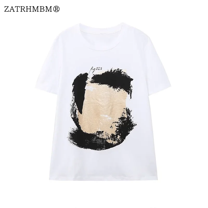 

ZATRHMBM Women 2023 Summer New Fashion Casual Print White T Shirts Vintage Crew Neck Short Sleeve Female Top Tees Mujer