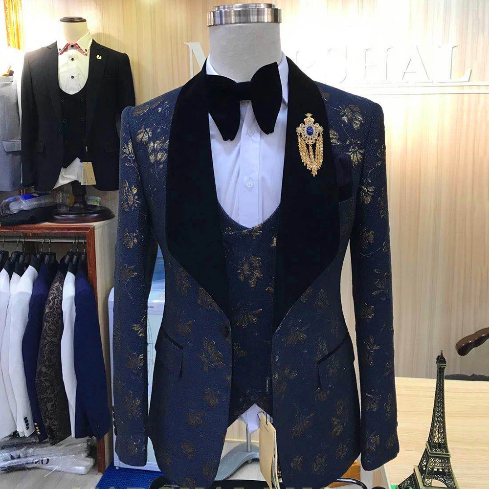 

Gentleman High-end Tuxedo Suit for Wedding Groomsman 3pcs Set Fashion Printed Party Banquet Blazers Mens Suits Costume Homme