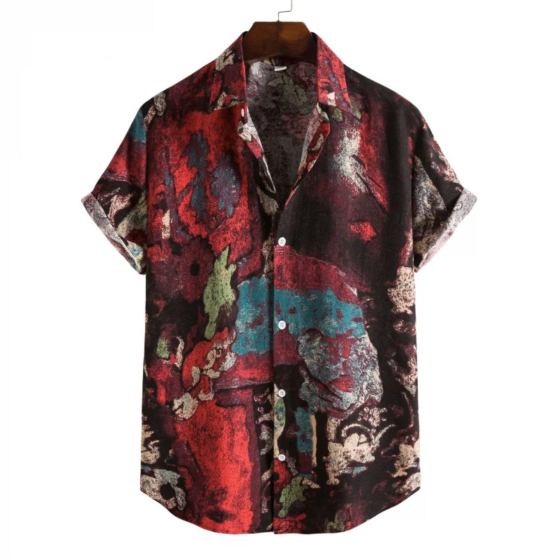 

2022Men's Casual Printed Shirt Large Size Short Sleeve Shirt Polo Collar Top