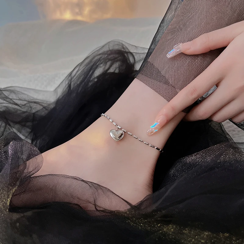 

FANYIN Silver Plated Rice Grain Love Boudoir Honey Anklet Female Student Design Sense Niche Retro Sweet Peach Heart Anklet