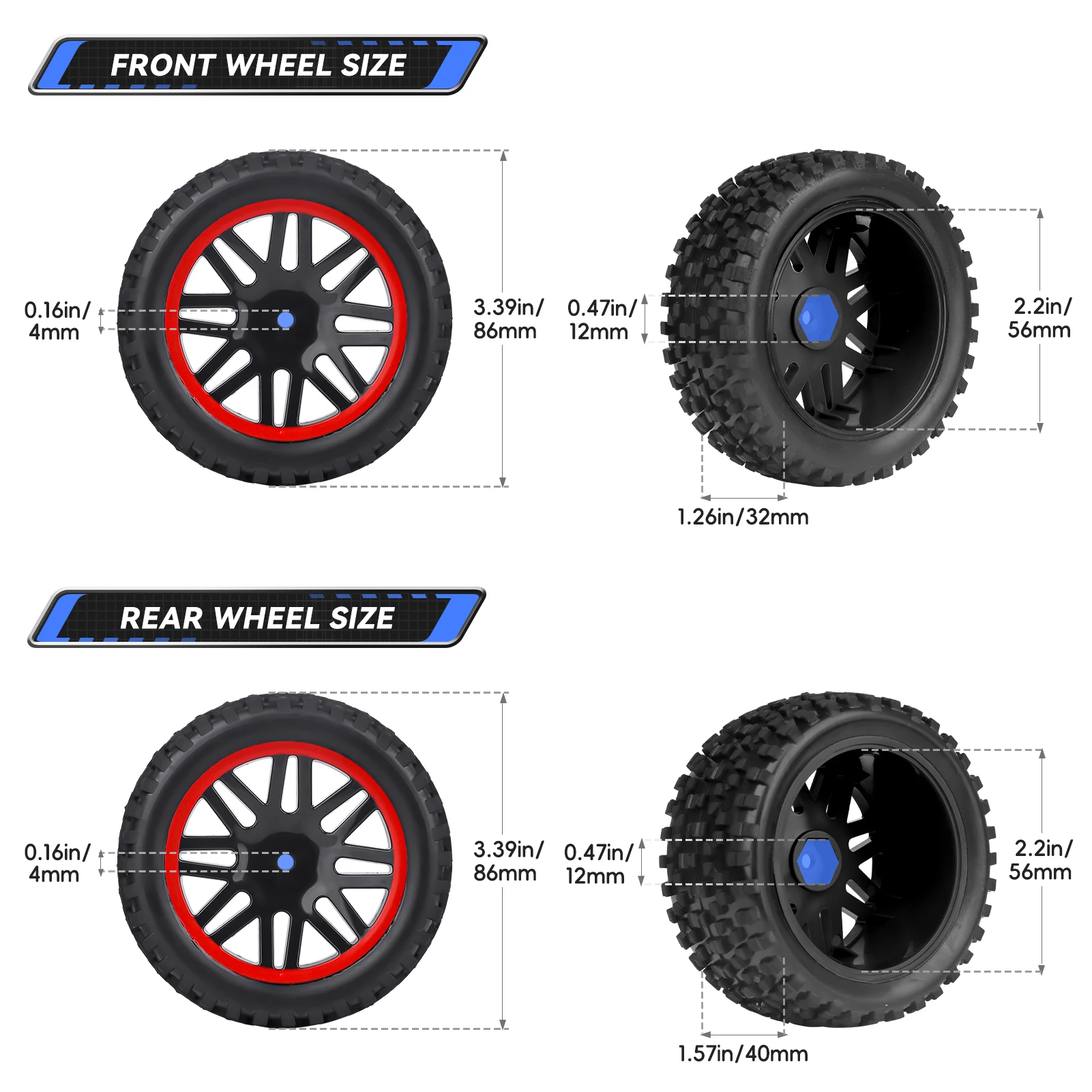 Фото Комплект предварительно склеенных шин и колес HobbyPark для радиоуправляемых багги 1/10, высота 3,46 дюйма (88 мм), для Traxxas Bandit, Wltoys 144001, Losi, Redcat №2