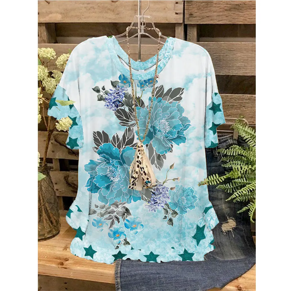 

Women Tops T-Shirts 3D Ruffled O-Neck Butterfly Floral Printing Short Sleeves Loose Casual T-Shirts Summer Streetwear