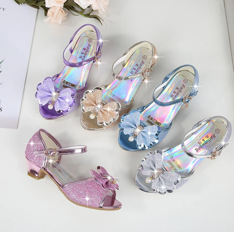 

5 Colors Children Princess Sandals Kids Girls Wedding Shoes High Heels Dress Shoes Bowtie Gold Pink Blue Silver Shoes For Girls
