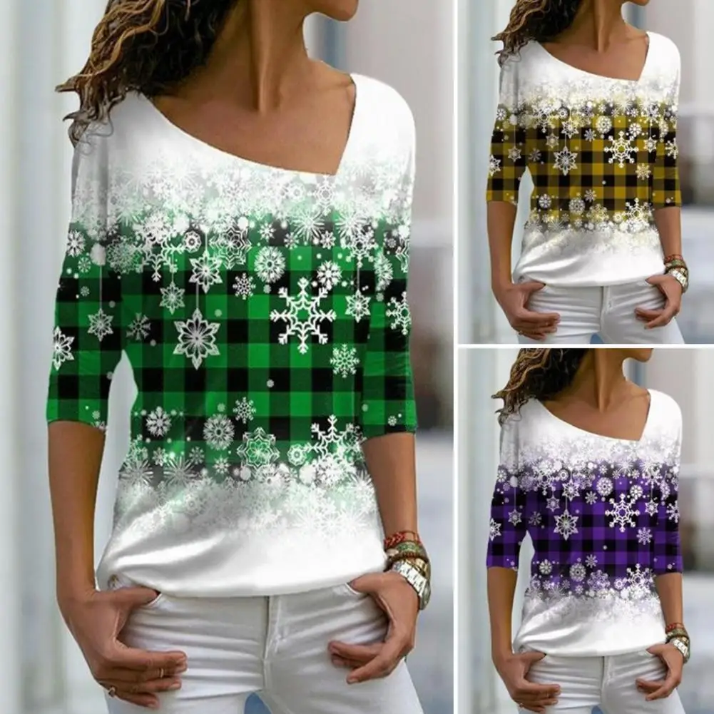

Trendy Pullover Blouse Long Sleeves Versatile Women Top Christmas Snowflake Theme Print Autumn T-shirt