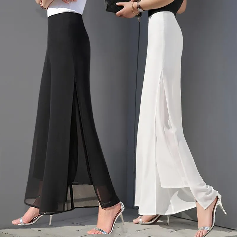 

2023 New Elegant Chiffon Culottes High-Waisted Trousers For Womens Loose Straight Casual Pants Solid Slit Wide Leg Pants Female