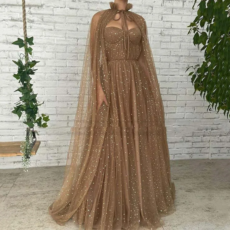 

Brown Formal Prom Dresses A-Line Sweetheart Sleeveless With Detachable Cloak Sequined Evening Gown Custom Made Vestidos De Gala