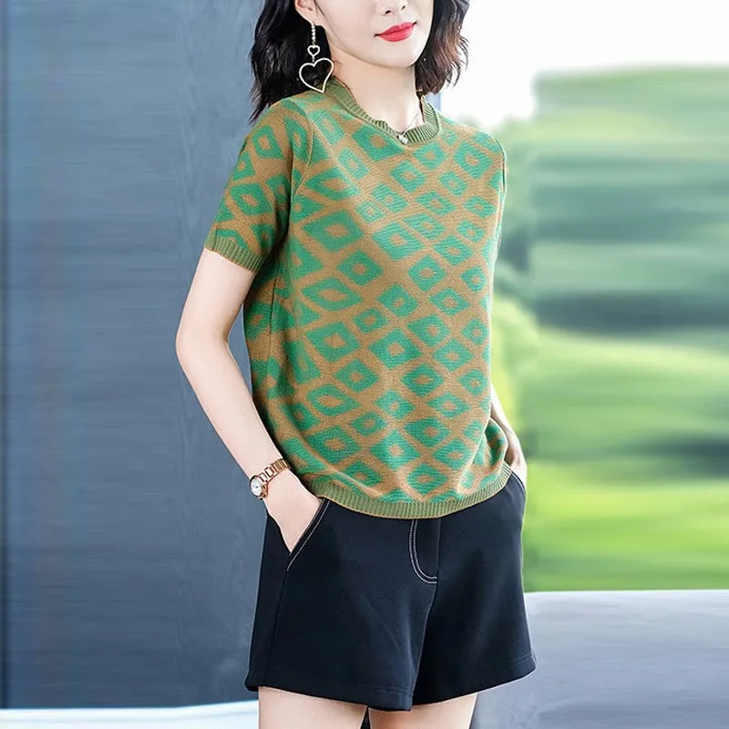 

2022 New Thin section Summer Women's sweaters Summer tops Print Short sleeve Jumper Sweater Casual Knitted Pullover NS5391