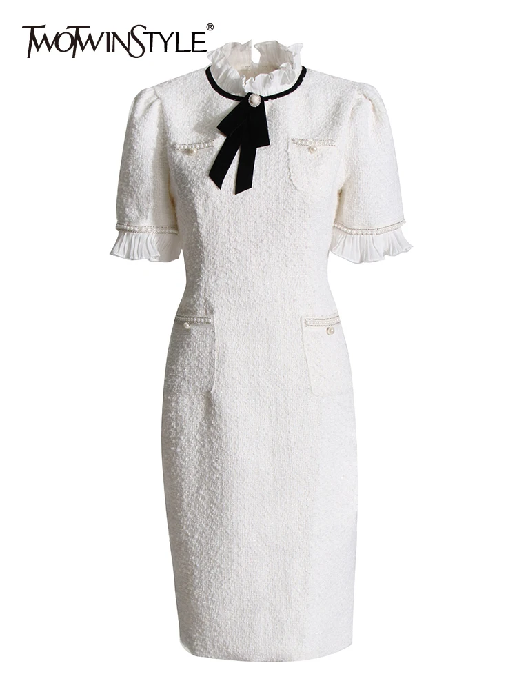 

TWOTWINSTYLE Colorblock Patchwork Pearls Slimming Elegant Dresses For Women Stand Collar Short Sleeve High Waist Dress Female