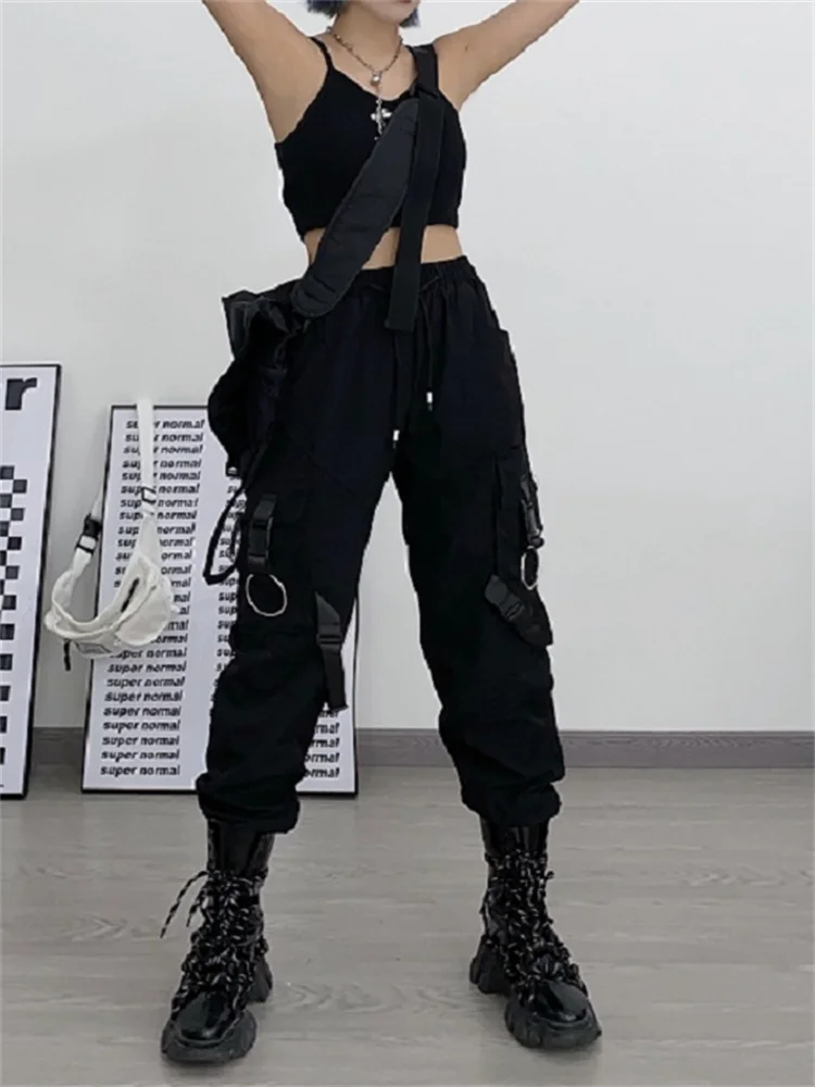 QWEEK Gothic Punk Black Cargo Pants Women Pockets Hippie Streetwear Joggers Harajuku Techwear Oversize Trousers For Female