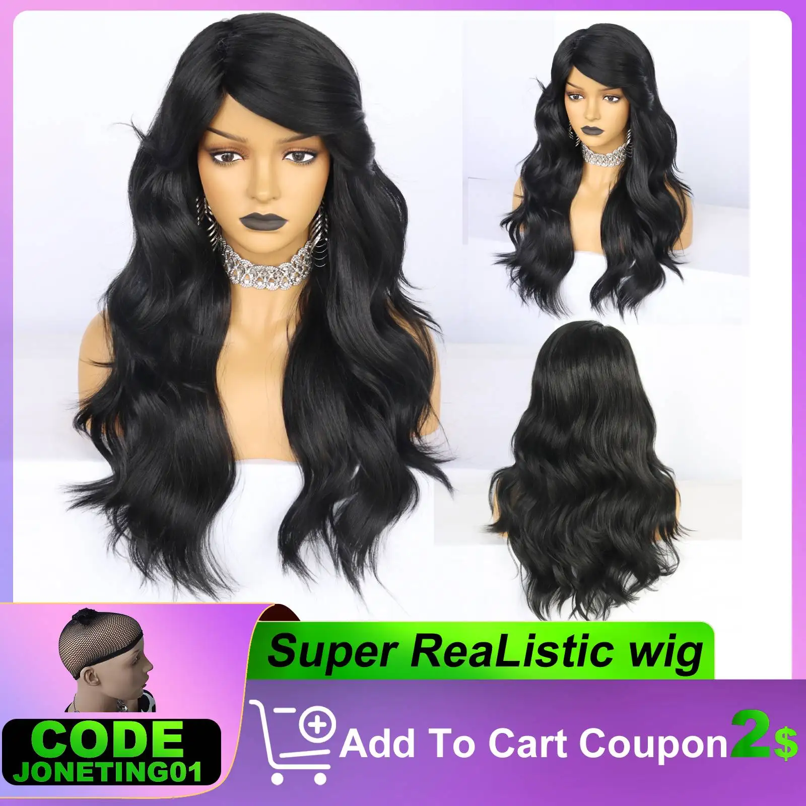 JONETING 24inch Highlight Black Blonde Synthetic Wig with Bangs Multi-color Heat Resistant Fiber Wavy Hair Cosplay Wig Halloween