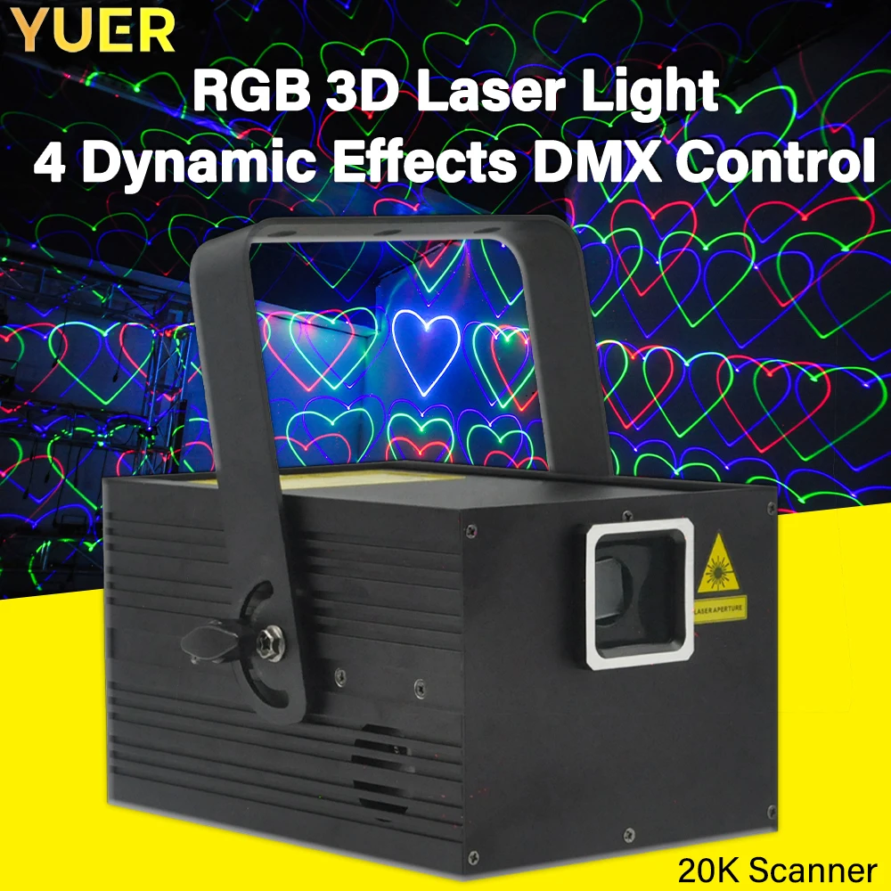 НОВЫЙ Полноцветный 3D лазерный проектор YUER RGB Анимация 4 эффекта DMX контроль 20K
