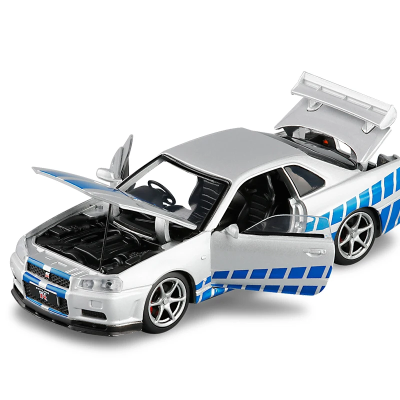 Pаспродажа Модель автомобиля Nissan Skyline Ares GTR R34, Литые и игрушечные автомобили со звуком, имитация вспышки, сборная машина, детская игрушка, 1:32