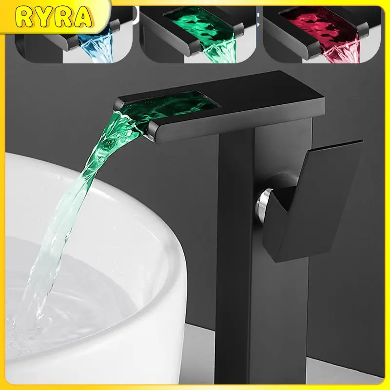 

Bathroom Sink Mixer Tap LED Luminous Basin Faucet Copper Waterfall Temperature Control Discoloration Color Changing Washbasin