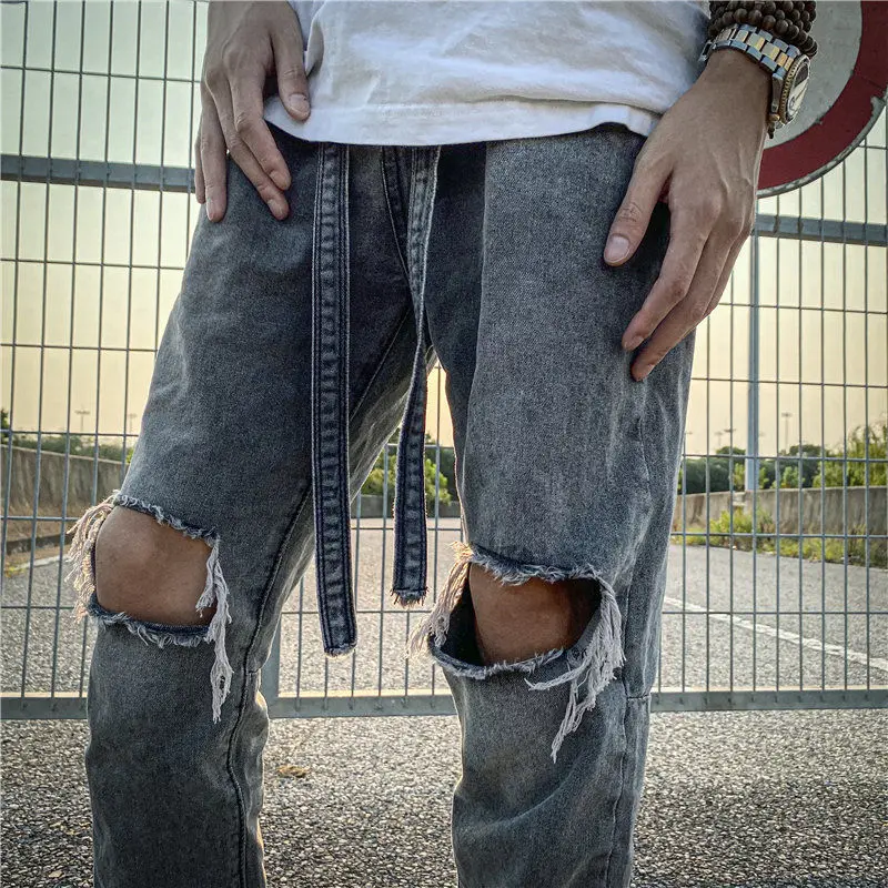 High Street Bieber with the same long streamer wash water to make old hole trousers zipper Korean fashion slim skinny jeans