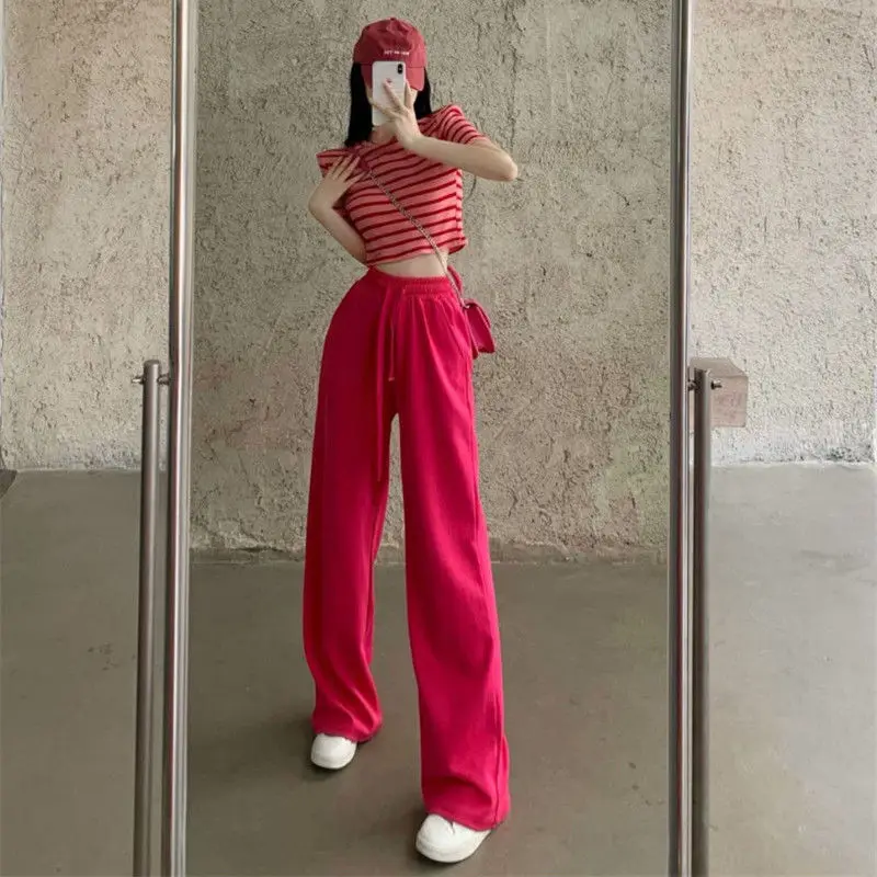 

2022 Summer Women Fashion Suits Female Short Casual Striped T-shirt + High Waist Loose Wide Leg Pants Ladies 2 Piece Sets P125