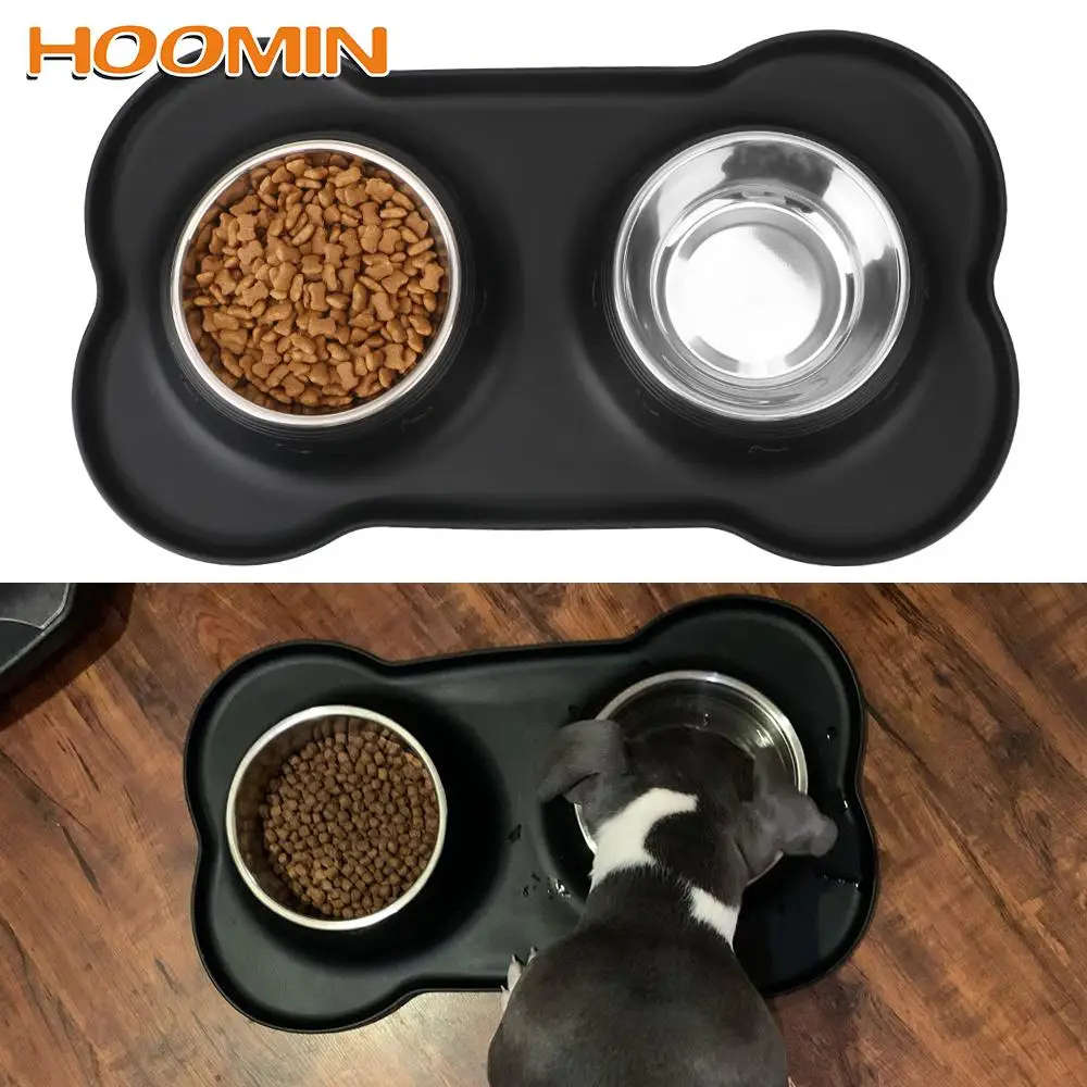 

With Silicone Mat Durable Antislip Stainless Steel Drinking Water Food Feeder Pet Feeding Bowl Double Dog Bowl No Spill