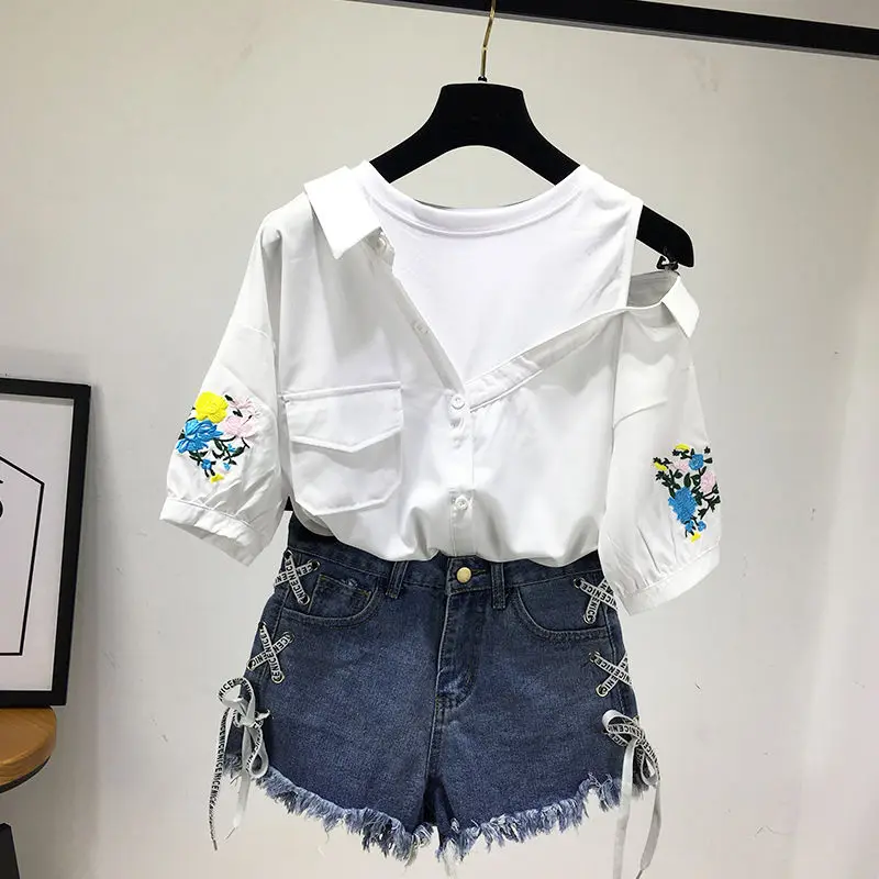 

Girls Blue Denim Shorts and Striped Shirt Female Two Piece Set Crop Top Ladies High Waist Shorts Outfits Sportswear Suits A62