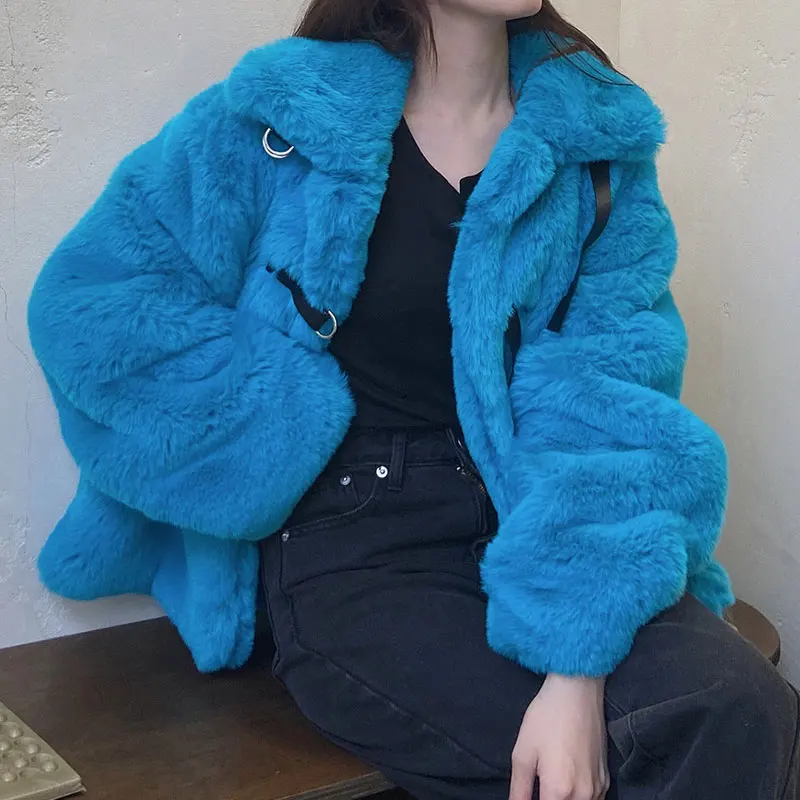 Young Style Streetwear Women Fluffy Overcoat 2022 New Autumn Winter Thicken Faux Rabbit Hair Fur Jacket Coat Blue Three Buttons
