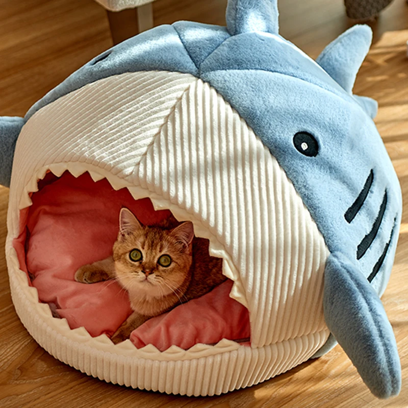 

Dog Cat Beds Mats Kennel Warm Winter Semi-closed Medium Small Cat House Dog Cartoon Shark Shape Pet Products Supplies