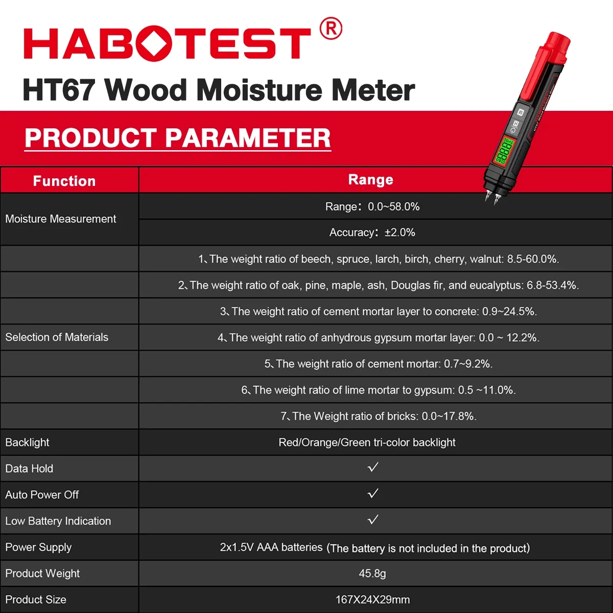 Фото Цифровой измеритель влажности древесины HABOTEST HT67, профессиональный тестер влажности древесины, 0 ~ 58% портативный гигрометр древесины в виде ручки №3