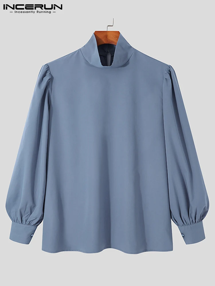 Stylish New Men Baggy Puff Sleeve Long Sleeved Shirts Handsome Well Fitting Solid Loose High Neck Blouse S-5XL INCERUN Tops 2022