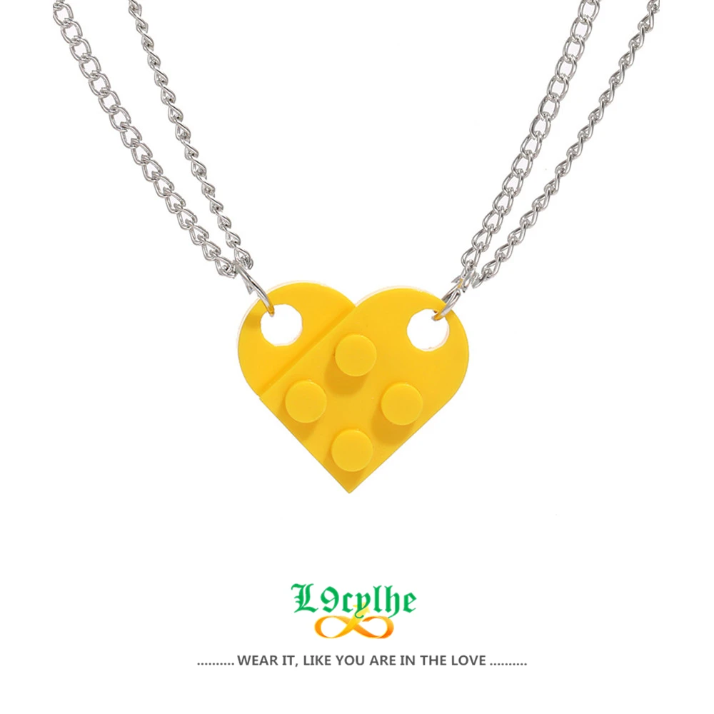 Punk 2Pcs Heart Brick Couples Love Necklace For Lovers Women Men Lego Elements Friends Necklaces Valentines Gift Jewelry BFF