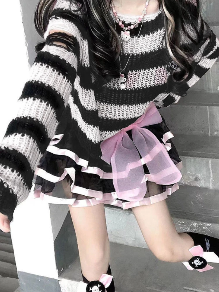 

Женский полосатый укороченный свитер в стиле эмо 90-х Y2K, готические Топы в стиле гранж-панк с вырезами, Женский пуловер в темную академию в готическом стиле, джемпер