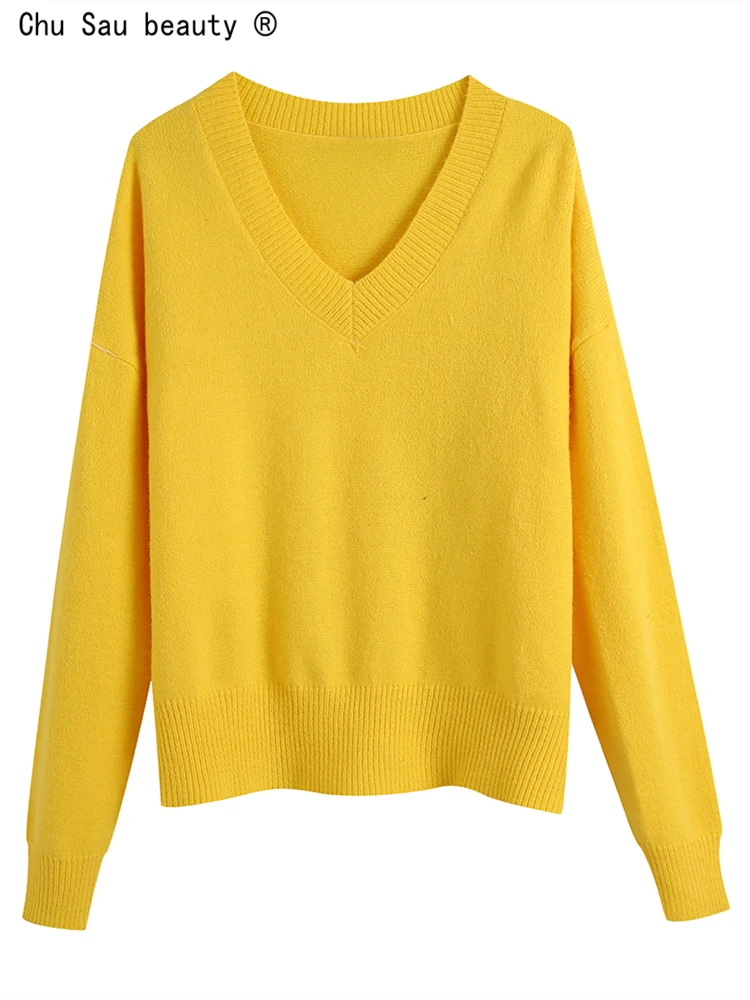 

Женский трикотажный свитер с V-образным вырезом, длинным рукавом