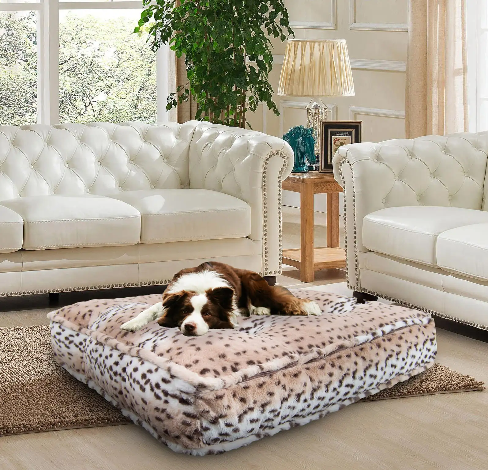 Aspen Snow Leopard Luxury Extra Plush Faux Fur Rectangle Pet, Dog Bed