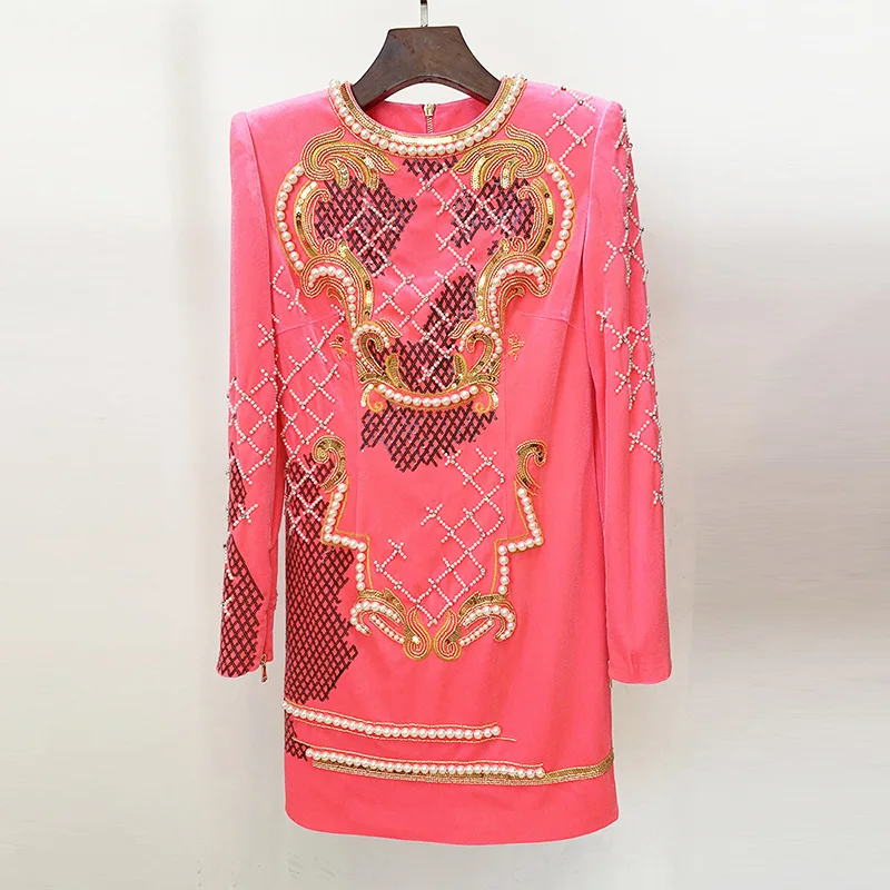 

Black Pink Velvet Dress Embroidery Sequins with Diamonds Beads Long Sleeve Mini Velvet Pencil Elegant Luxury Dress