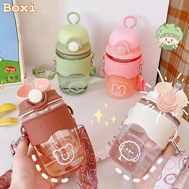 

600ml Sweet Cute Plastic Water Bottles For Girls With Straw Silicone Sleeve Portable Women Fitness Sports Water Bottle BPA Free