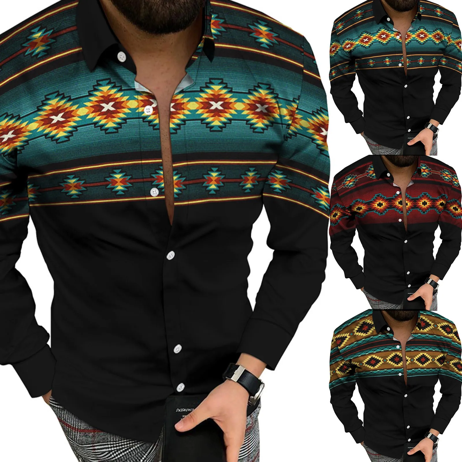 

Mens 3D Digital Printing Pocket Buckle Lapel Long Sleeve Shirt Button Blouses Oversized