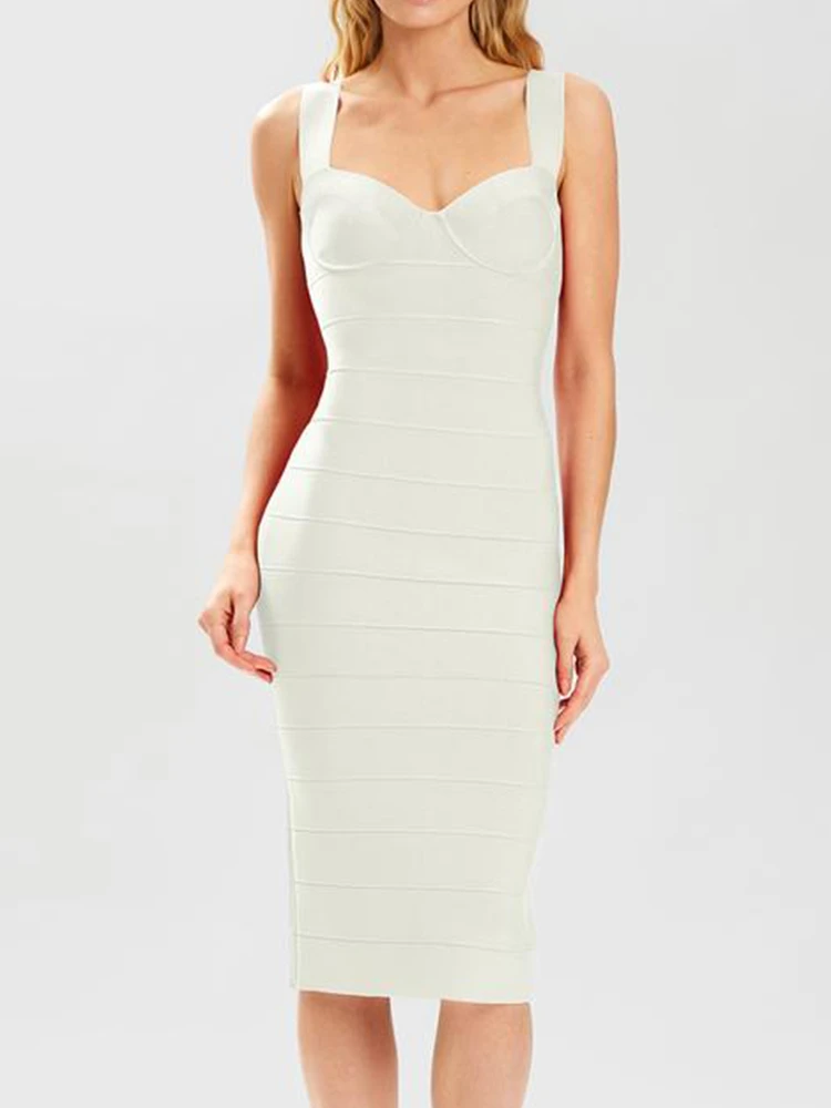 

White Midi Bandage Dress 2022 Women Sexy Spaghetti Strap Bodycon Dresses Ladies Evenning Celebrity Party Club Outfits 2022