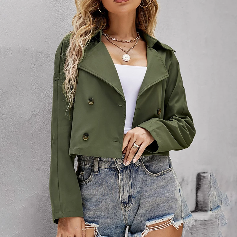Streetwear Army Green Button Jackets for Women Spring Autumn Long Sleeve Fashion Crop Tops Ladies Elegant Short Jacket Coats XL