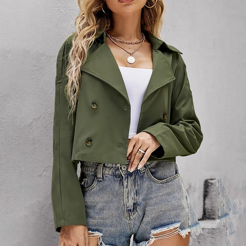 

Streetwear Army Green Button Jackets for Women Spring Autumn Long Sleeve Fashion Crop Tops Ladies Elegant Short Jacket Coats XL