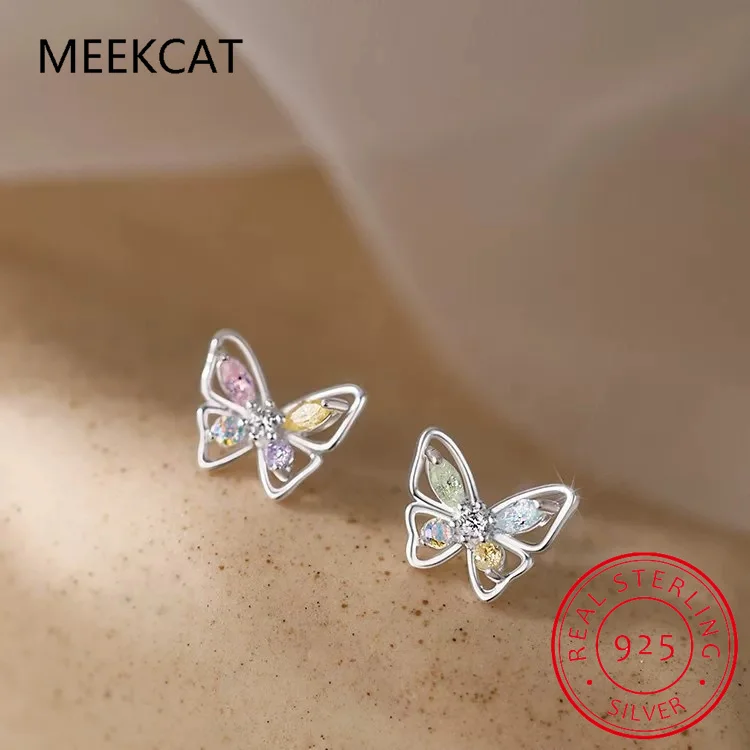 Real 925 Sterling Silver 2022 Colour Shiny CZ Butterfly Stud Earrings For Daughter Girls Fine Jewelry Gift DG0037