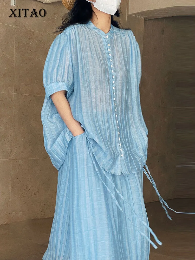 

XITAO Drawstring Blouse Single Breast Thin Goddess Fan Casual Style Loose 2022 Summer Minority Elegant Loose Shirt ZY6892