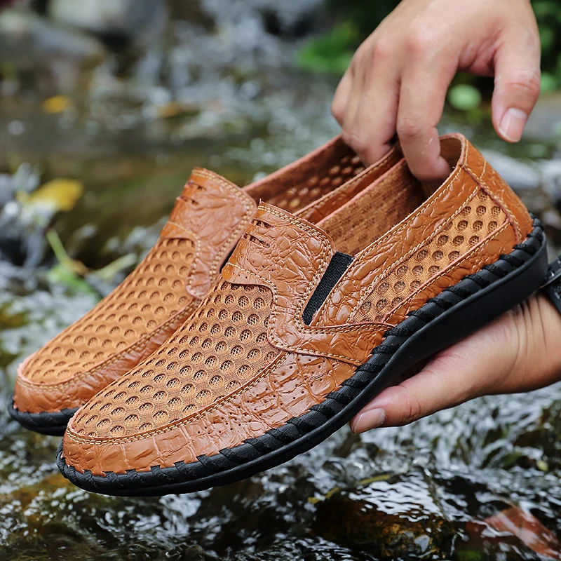 

New Casual Leather Shoes for Men Breathable Mesh Fabric Quick Drying Wading Shoes Summer Slip On Shoes Man Outdoor Walking Shoes