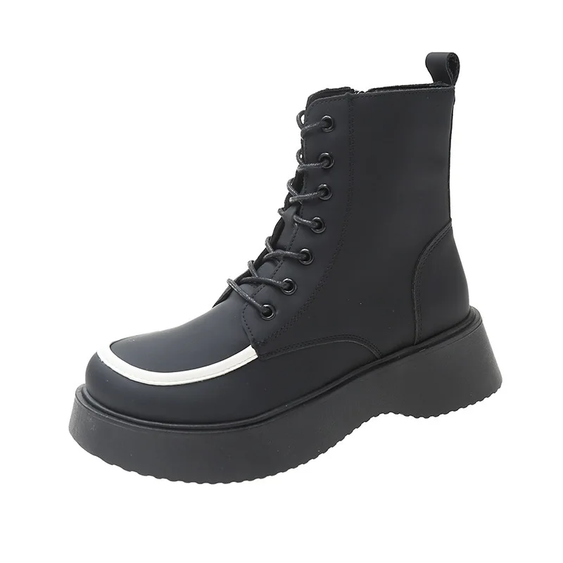 Women's Boots Thick-soled Short  Autumn New Lace-up  Shoes Single  Plus Velvet Soft-soled