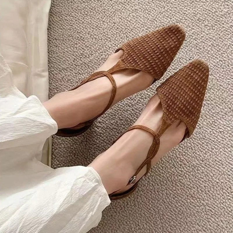 Плетеные римские сандалии с квадратным носком новинка лета 2023 уличные