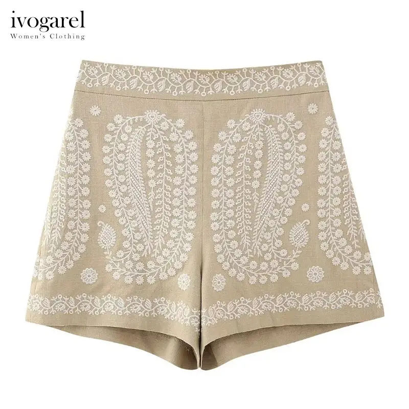 

Ivogarel Tribal Inspired Embroidered High-Waist Linen Shorts Women's Vintage Summer Bottoms Casual Home Clothing Traff New