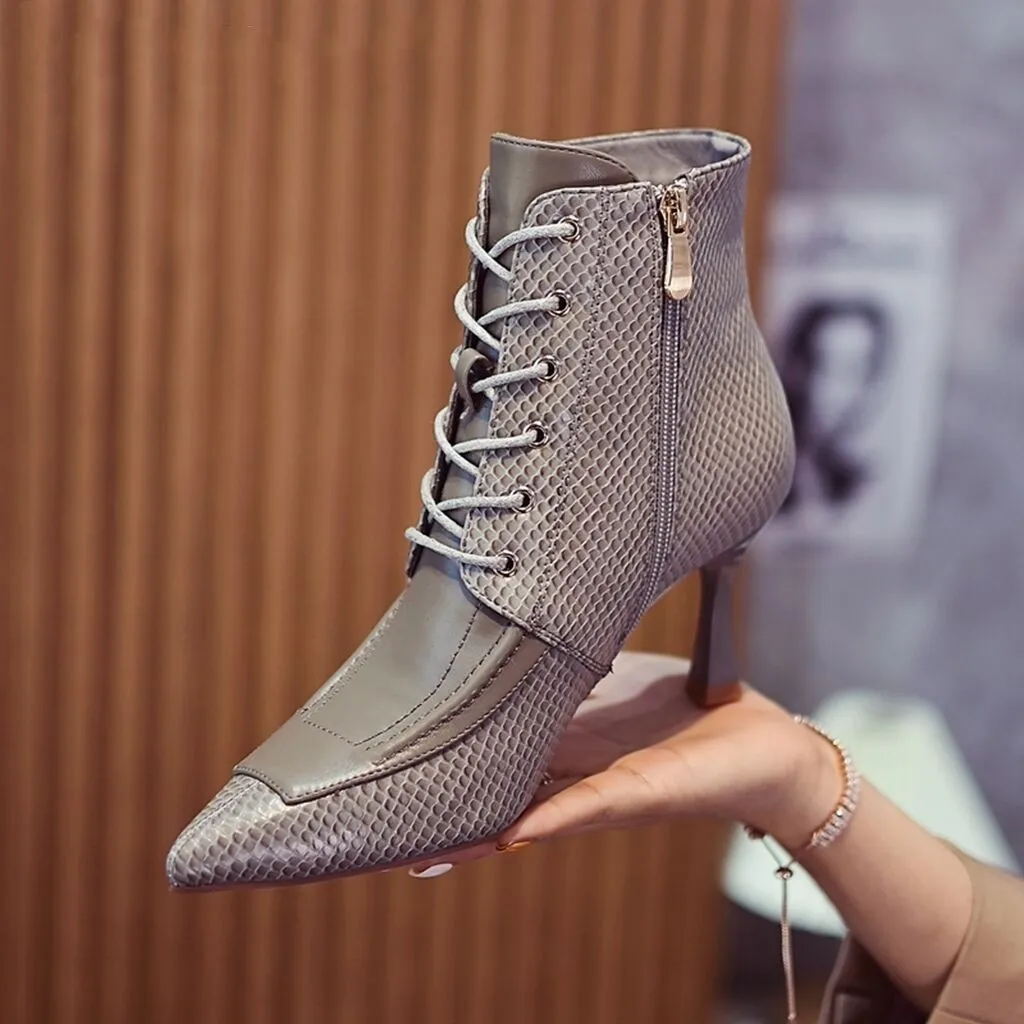 

2022 New High Heeled Ankle Boots Woman,Autumn/Winter Shoes,Fashion Short Botas,Side Zip,Pointed Toe,Black,Grey,Dropship