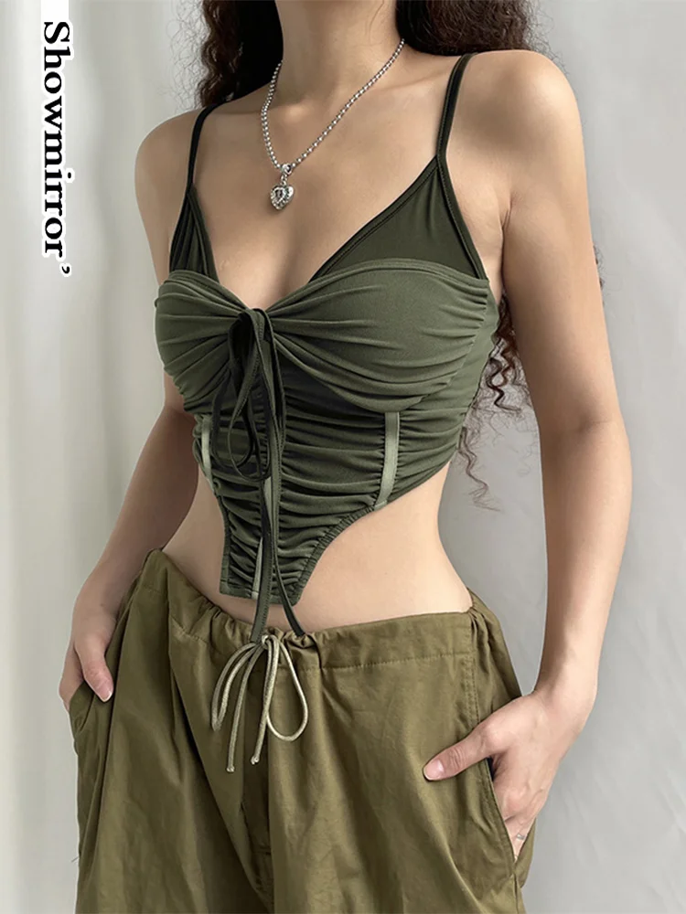 

Showmirror сексуальный Y2K корсет Camisole летний облегающий с открытой спиной зеленый топ летние тонкие бретельки Милая женская одежда