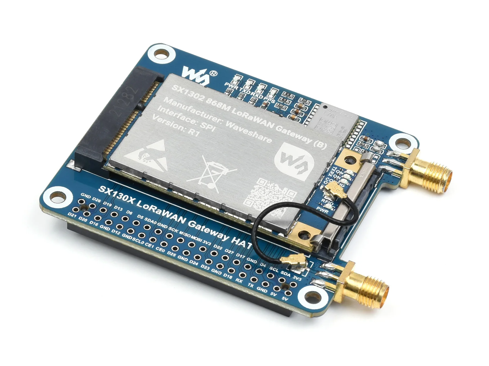 

Waveshare SX130x 868M/915M LoRaWAN Gateway Module/HAT For Raspberry Pi, Standard Mini-PCIe Socket, Long Range Transmission SPI