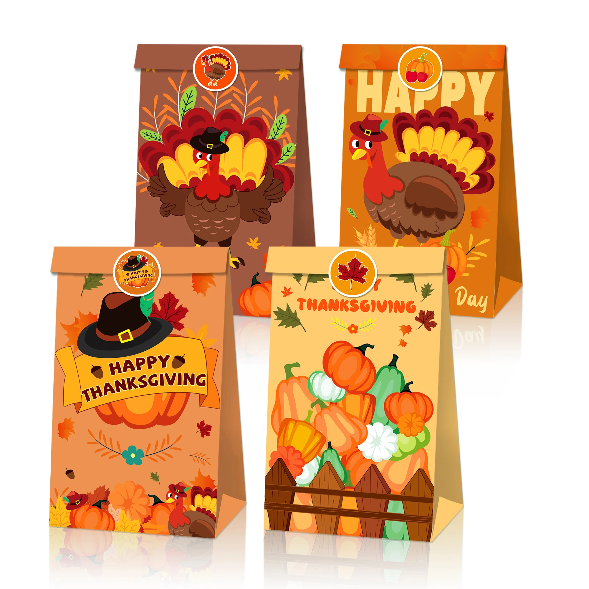 

LB108 12Pcs Fall Happy Thanksgiving Day Harvest Turkey Festival Party Cookies Kraft Paper Gift Bags Carnival Party Decorations