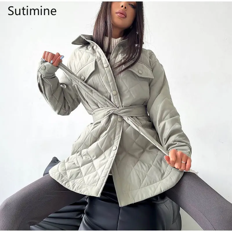 Winter Coat Women Casual Lace-up Wide-waisted Lapel Loose Warm Diamond Heavy Cotton Padded Jacket Pockets Winter Clothes Women