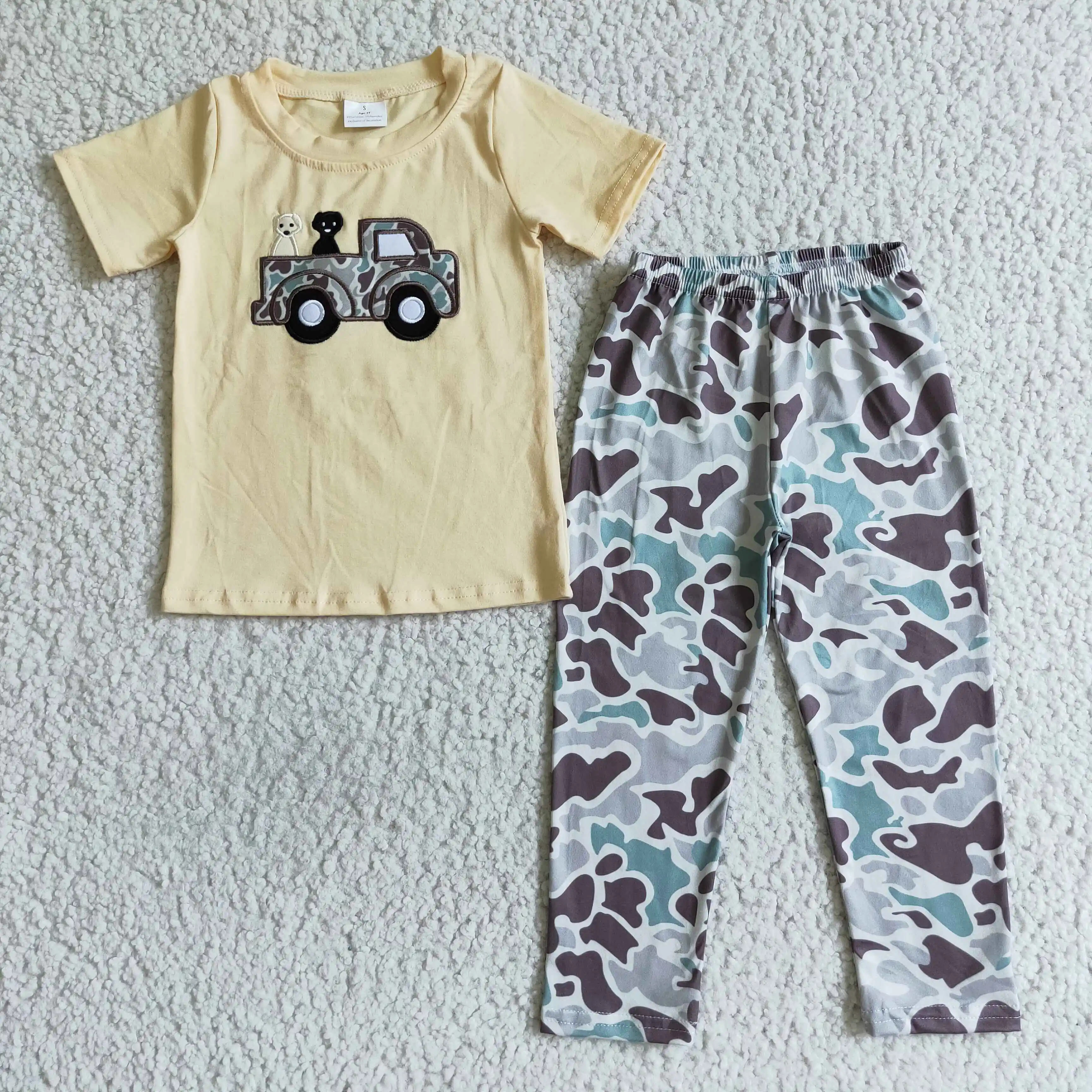 

H​ot Sale RTS Dog Car Embroidery Baby Clothes Children's Long Pants Sets Kids Camo Fancy Outfits