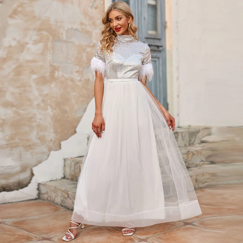 

Женское длинное Сетчатое платье макси, белое элегантное вечернее платье с коротким рукавом и воротником-стойкой на лето