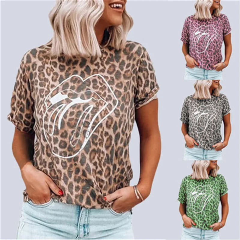 

Summer New Women's Lip Print Round Neck Short Sleeve T-shirt Women Tops Female